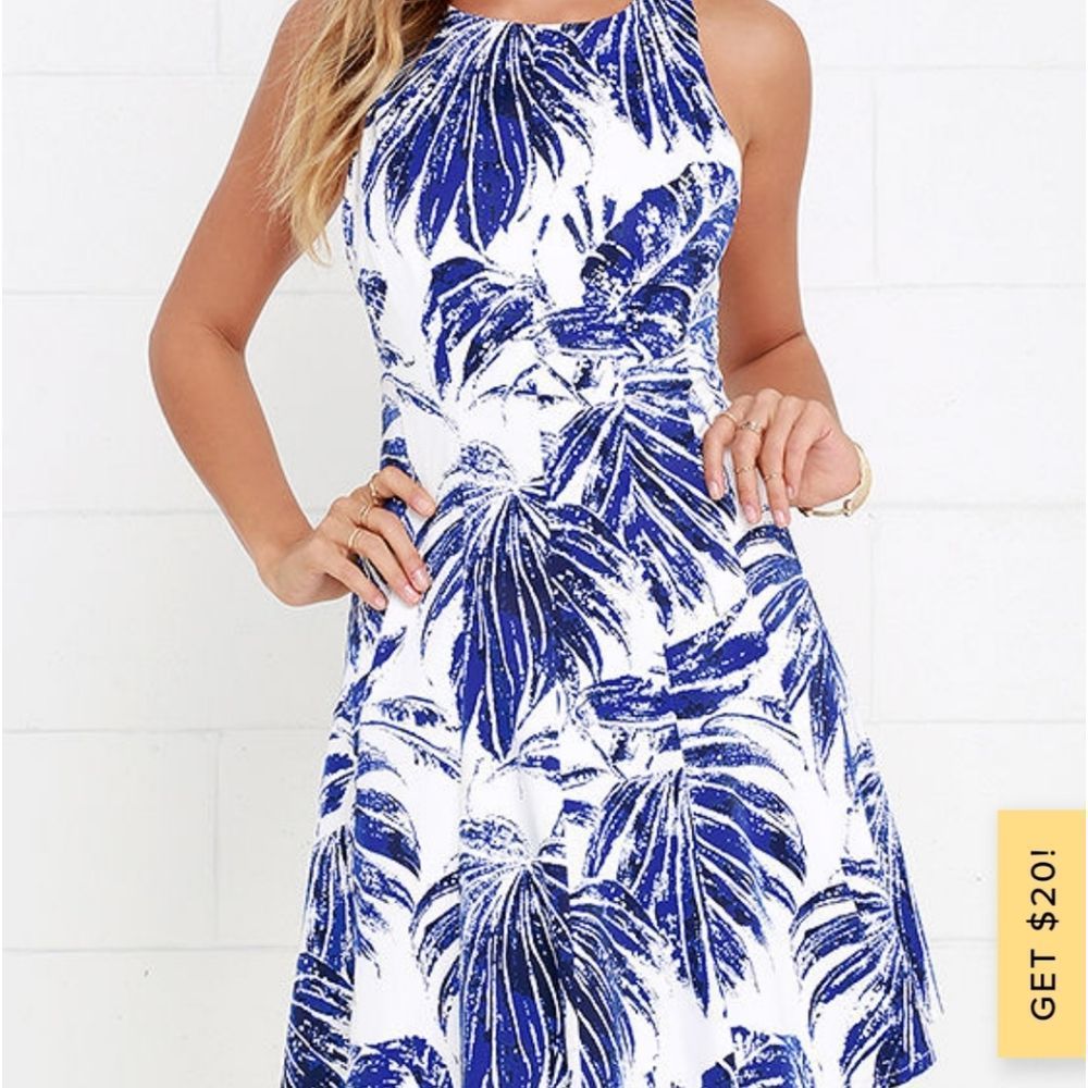 Lulu's Palm Reading Ivory and Blue Print Dress XS